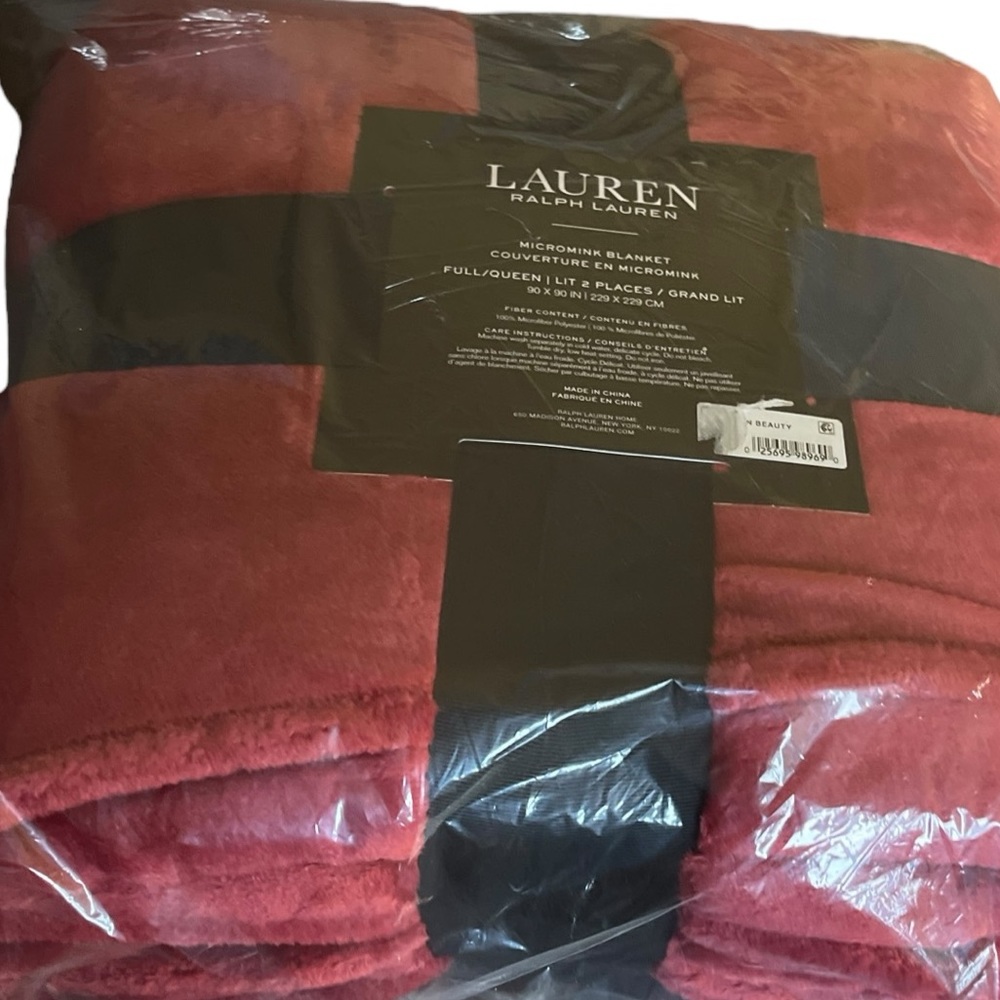 Lauren Ralph Lauren Micromink Red American Beauty Full/Queen Blanket 90"x90" NWT